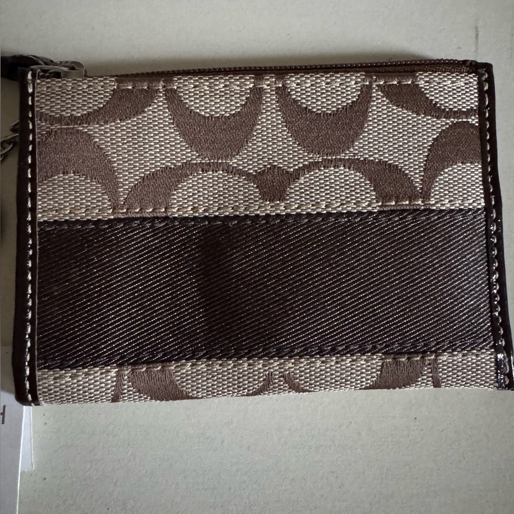 Coach Outlet Mini ID Wallet Signature Stripe Fabric Khaki & Mahogany